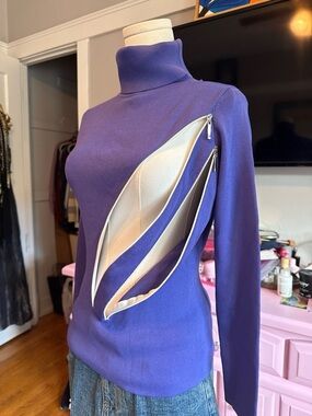 Slim Funnel-Neck Purple Knit Top with Decorative Zips